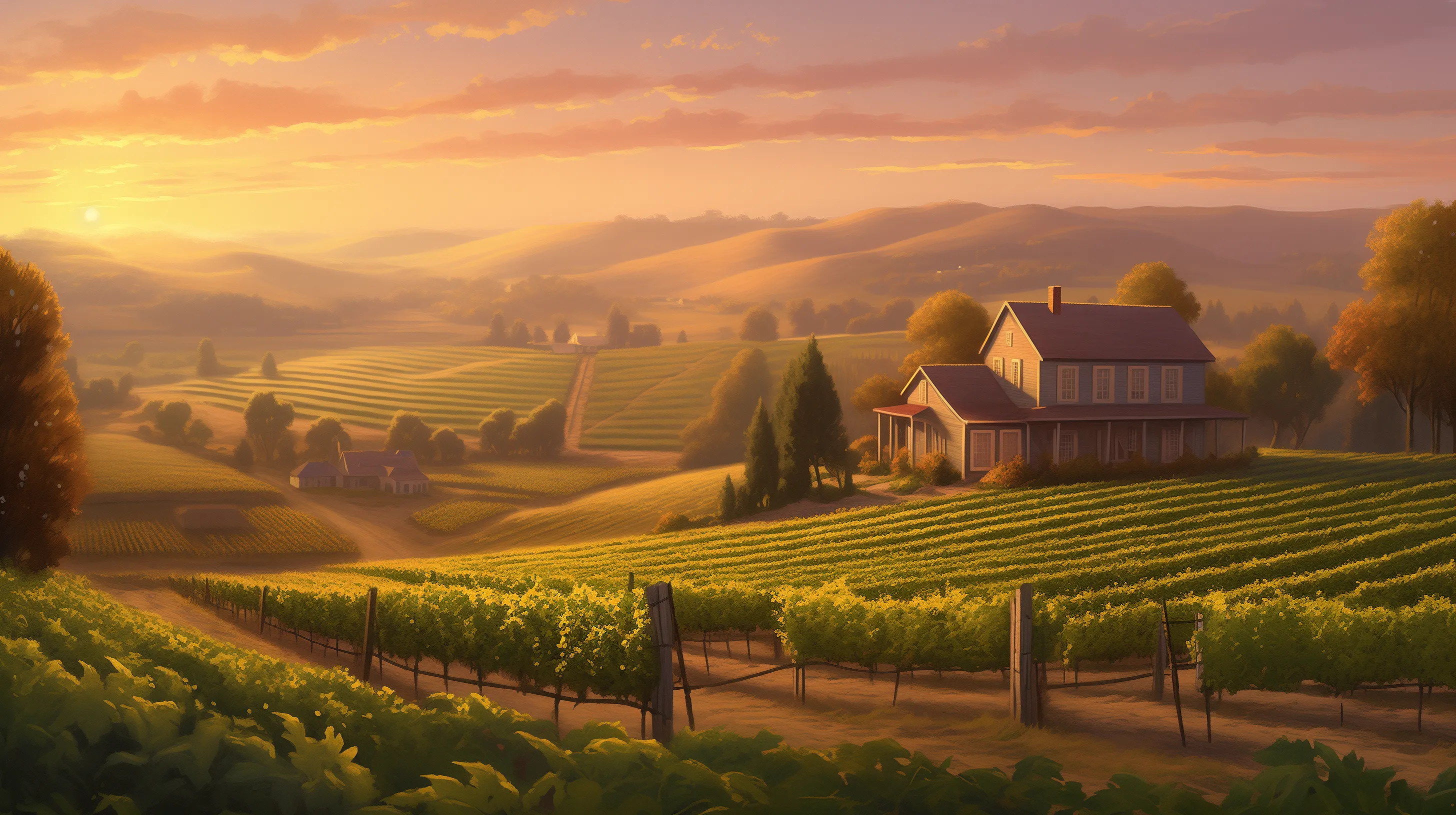 A sun-kissed wine-country landscape at sunset, with neatly aligned vineyard rows stretching across rolling hills toward a rustic farmhouse, bathed in golden light under a pastel sky, evoking serene rural charm near Silicon Valley.